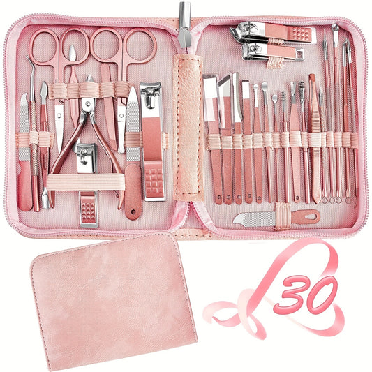 30 pcs Rose Gold Manicure Set - 30 in 1 Nail Clipper Set with Fingernail & Toenail Clippers, Manicure Tools, and Pedicure Tools - Perfect for At-Home Salon Services