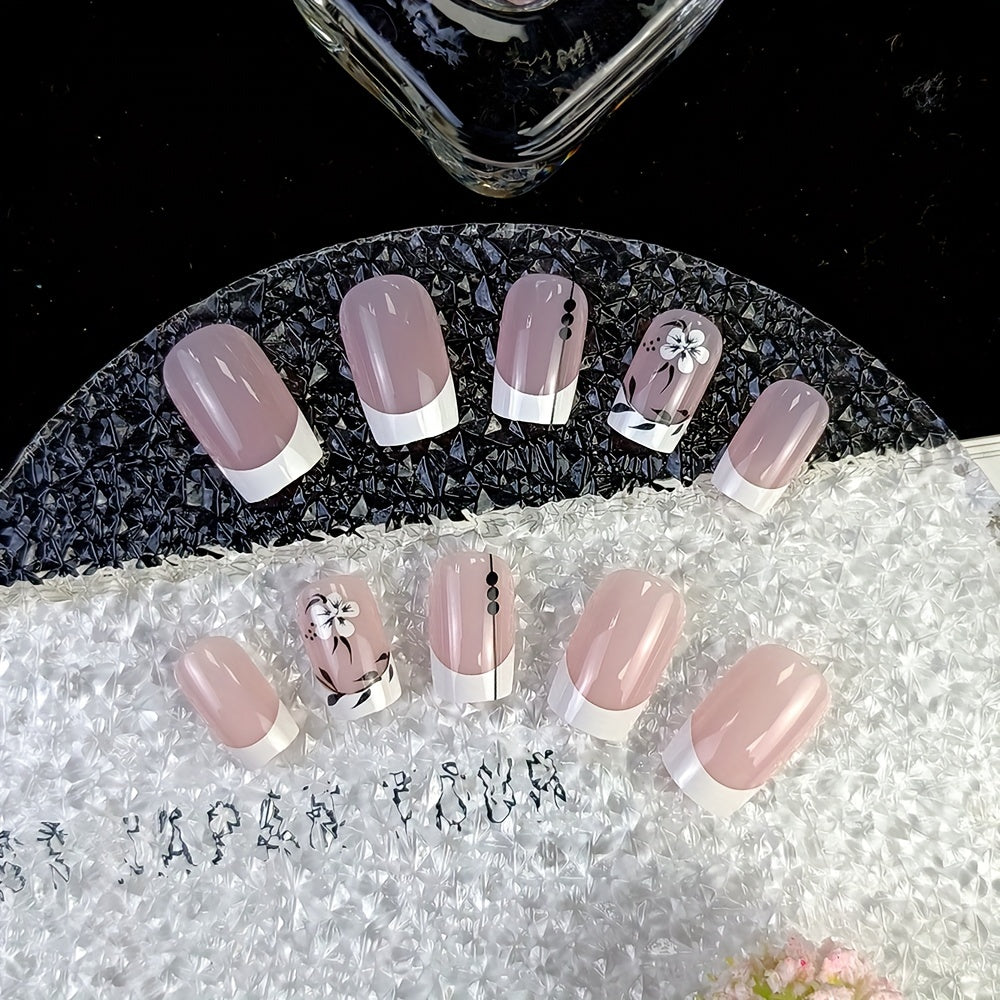 Y2K French Tip Press On Nails Short Square Fake Nails, Nude False Nails With Flower Design Glossy Stick On Nails For Women