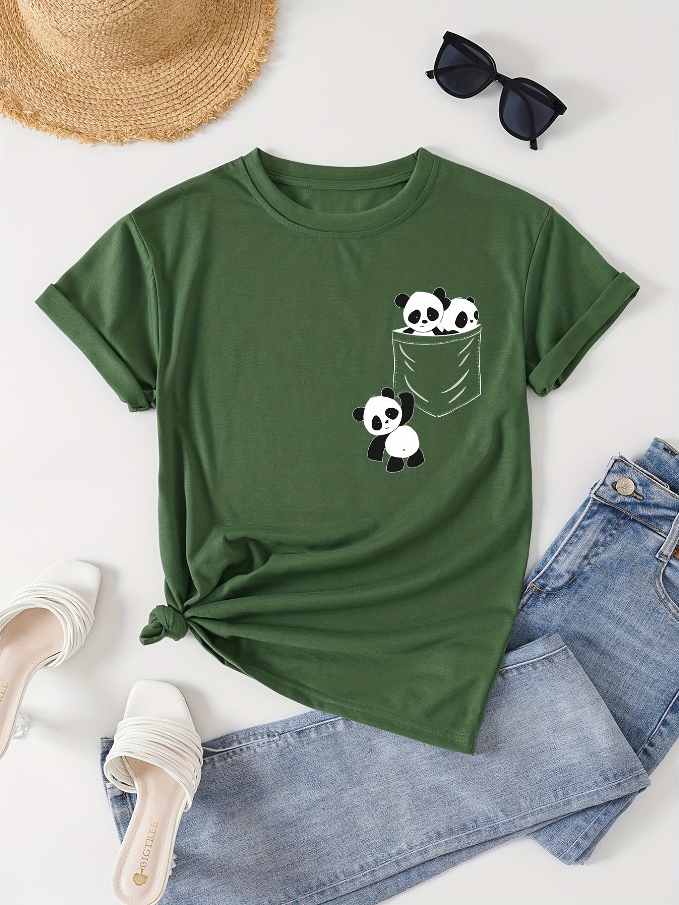 Panda Print Crew Neck T-Shirt, Casual Short Sleeve T-Shirt For Spring & Summer, Women's Clothing