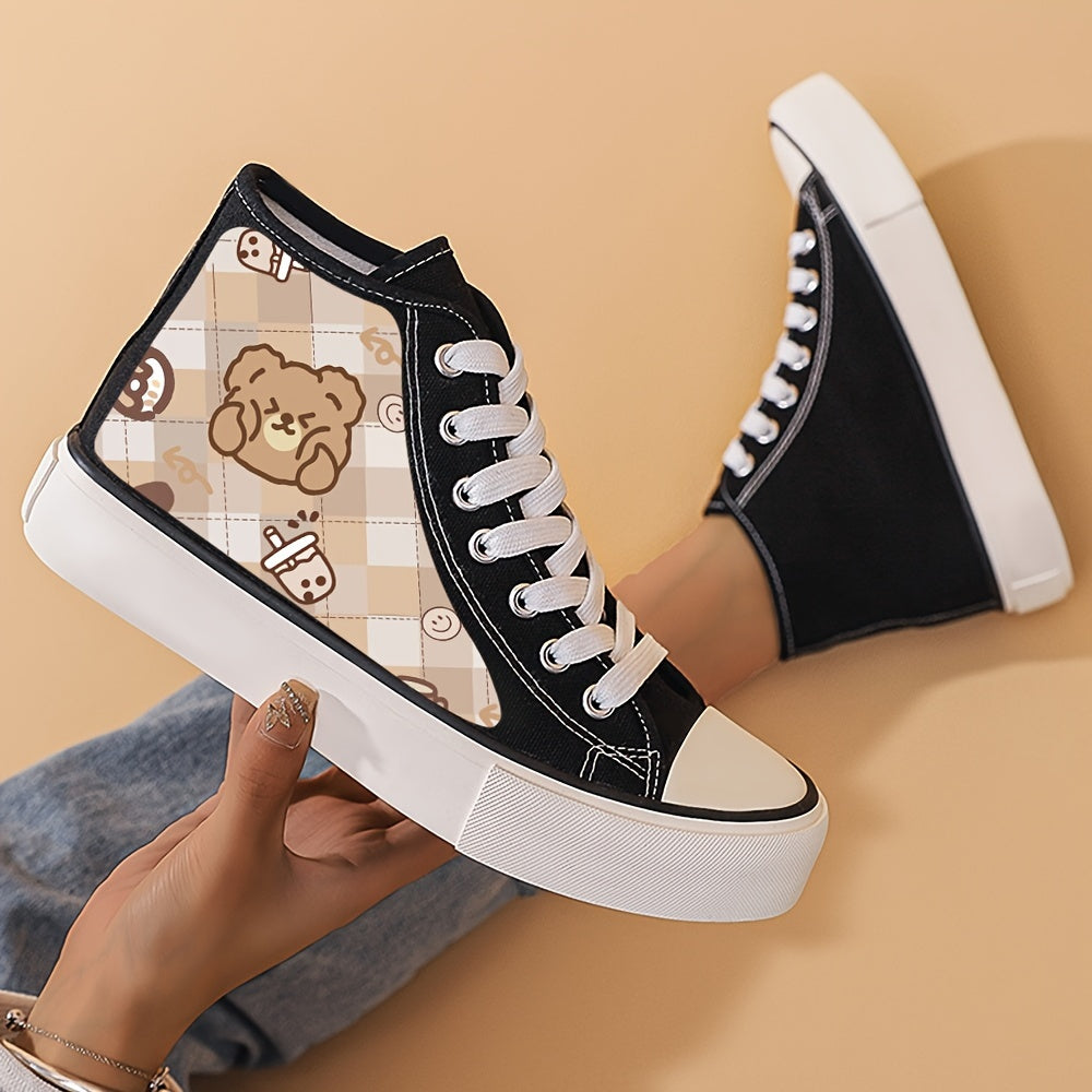 Cute Bear Print High Top Breathable Canvas Sneakers, Round Toe Flat Classic Lace Up Wear Resistance Skate Shoes, Non Slip Casual Versatile Walking Running Shoes