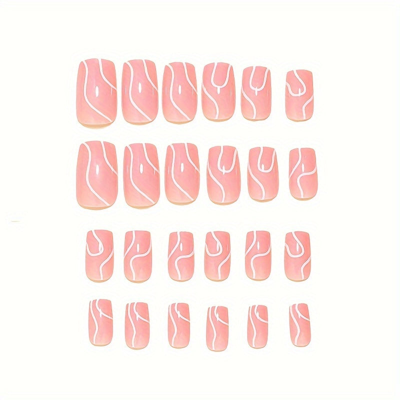 Press On Nails Short Nude Pinkish Square Fake Nails White Swirl Acrylic Nails Press On Full Cover Stick On Nails For Women And Girls 24pcs