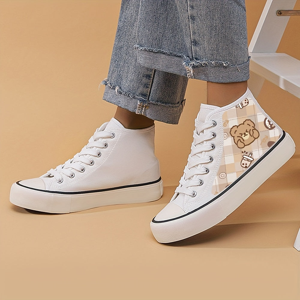 Cute Bear Print High Top Breathable Canvas Sneakers, Round Toe Flat Classic Lace Up Wear Resistance Skate Shoes, Non Slip Casual Versatile Walking Running Shoes