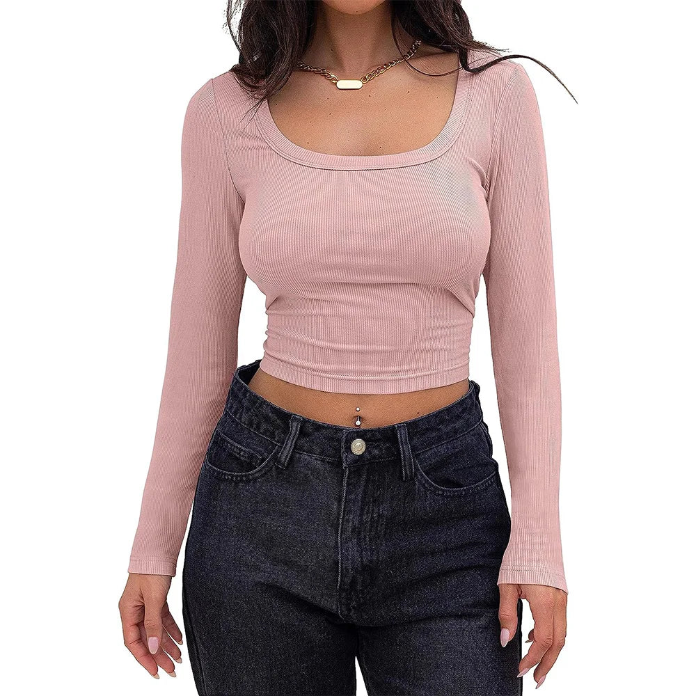 Women's Long Sleeve Square Neck Crop Top Ribbed Slim Fitted Y2K Casual T-Shirt Tops