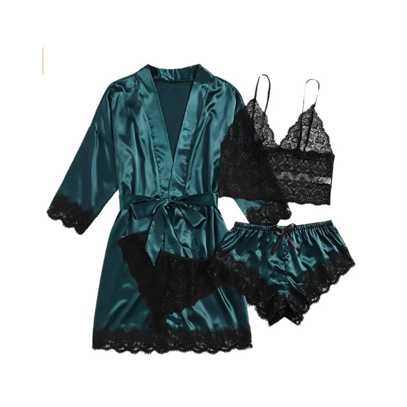 New Women's Pajamas Four-Piece Sexy Large Size Robe Halter Shorts Set Outside Home Wear Pajamas Set Sexy Lace Pajamas Robe