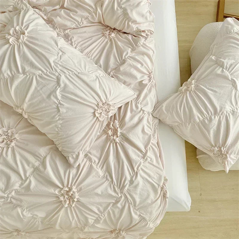 Three-dimensional Pinch Pleated Crafts Double Duvet Cover Set 220x240 Solid Twist Flowers King Size Bedding Set Quilt Cover Set