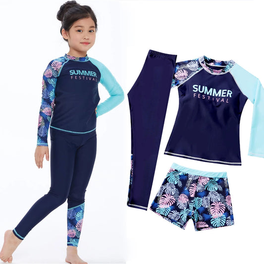 3pcs Boys Girls Adult Women Swinsuit Quick Dry Sunscreen Long Sleeve Swimwear Pants Shorts Set Diving Swiming Suits Wetsuits