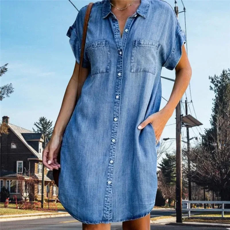 Plus Size Women Denim Shirt Dresses Short Sleeve Distressed Jean Dress Button Down Casual Tunic Top
