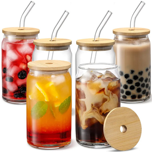350ml/550ml Glass Cup With Lid and Straw Transparent Bubble Tea Cup Juice Glass Beer Can Milk Mocha Cups Breakfast Mug Drinkware