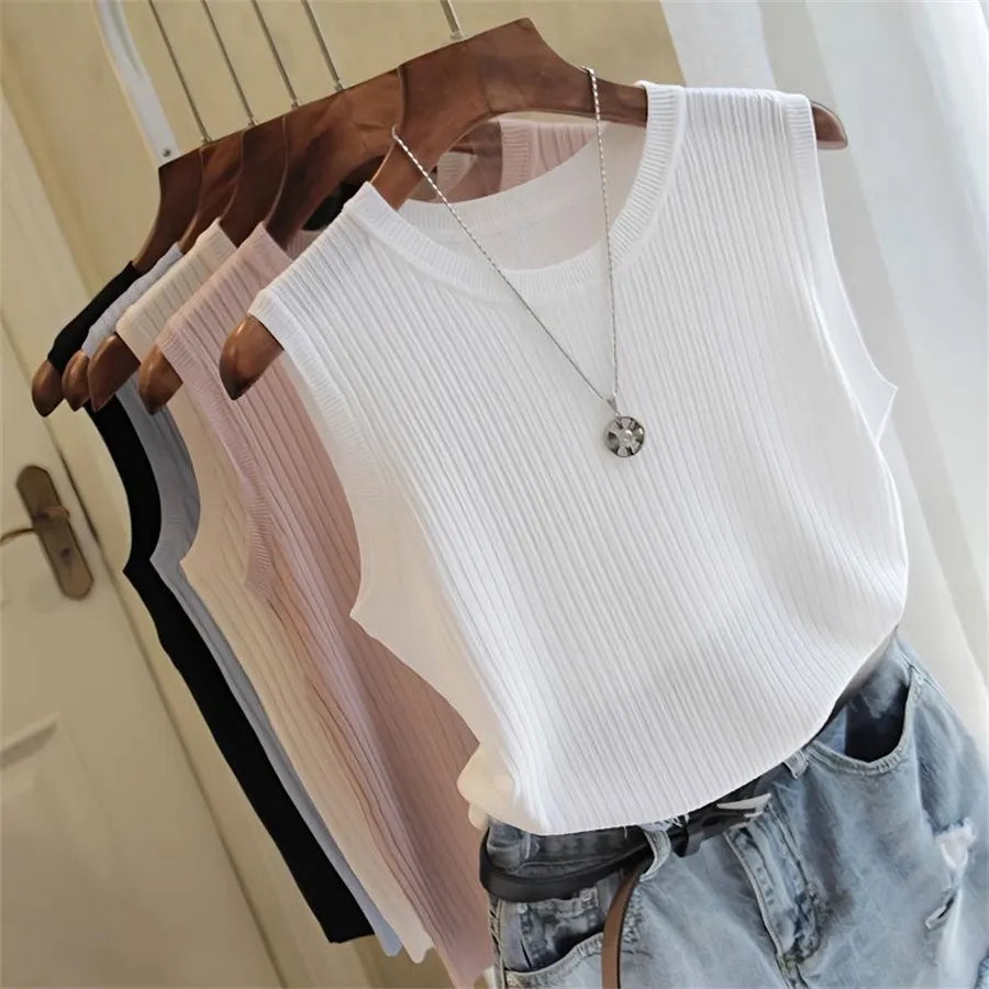 Summer Sleeveless Blouse Women O-neck Knitted Blouse Shirt Women Clothes Women Tops DF4903