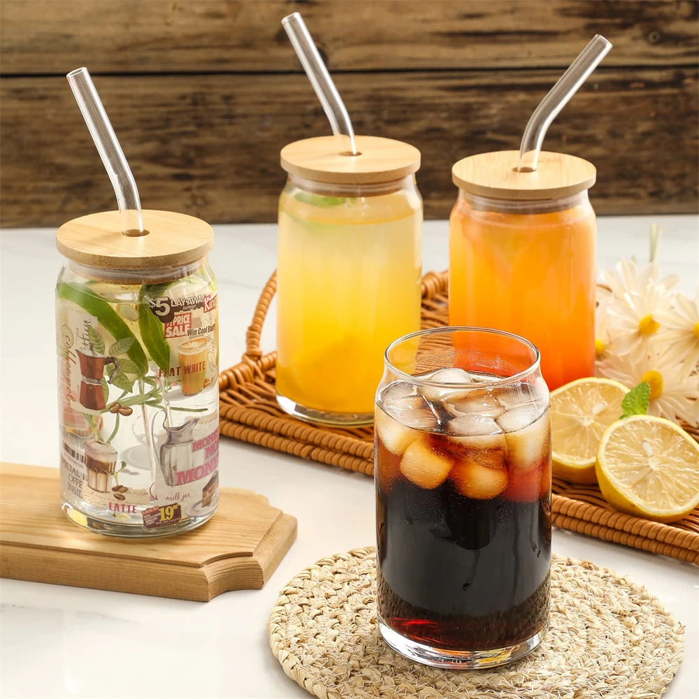 350ml/550ml Glass Cup With Lid and Straw Transparent Bubble Tea Cup Juice Glass Beer Can Milk Mocha Cups Breakfast Mug Drinkware