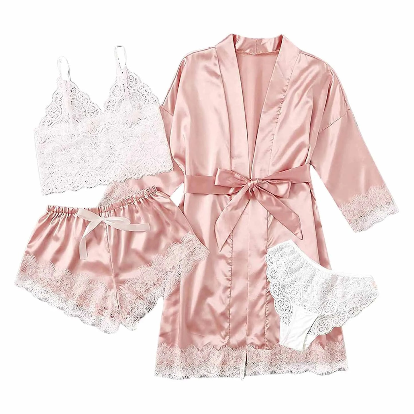 New Women's Pajamas Four-Piece Sexy Large Size Robe Halter Shorts Set Outside Home Wear Pajamas Set Sexy Lace Pajamas Robe