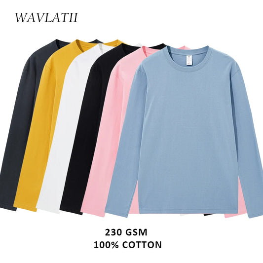 WAVLATII New Women Cotton Long Sleeve T shirts Female Pink White 230 GSM Soft Casual Base Tees Tops for Spring Autumn WLT2301