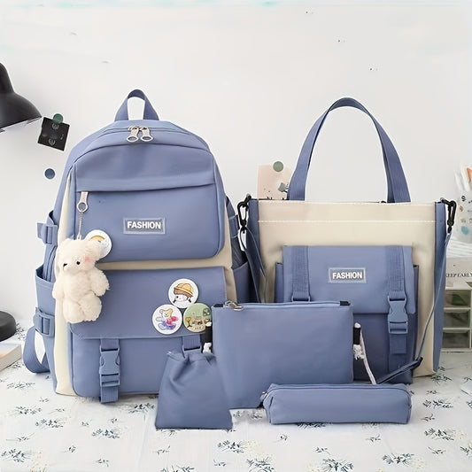 5pcs/set Kawaii Cute School Backpack, Preppy College Laptop Bookbag, Travel Daypack Knapsack, Lunch Bag, Shoulder Bag & Pencil Bag