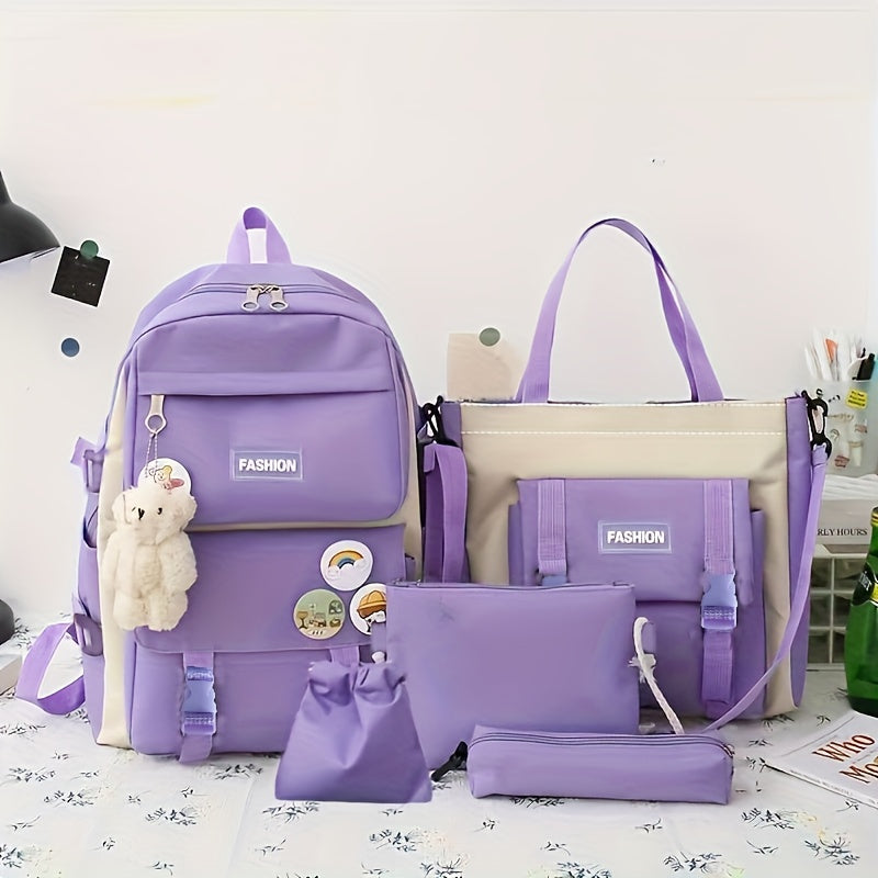 5pcs/set Kawaii Cute School Backpack, Preppy College Laptop Bookbag, Travel Daypack Knapsack, Lunch Bag, Shoulder Bag & Pencil Bag