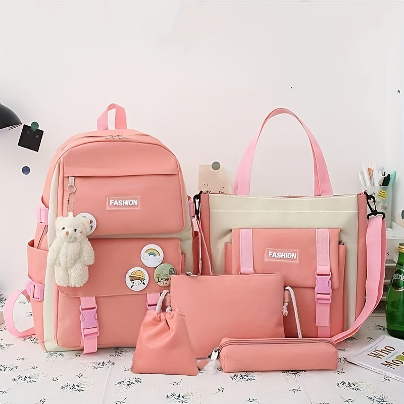 5pcs/set Kawaii Cute School Backpack, Preppy College Laptop Bookbag, Travel Daypack Knapsack, Lunch Bag, Shoulder Bag & Pencil Bag