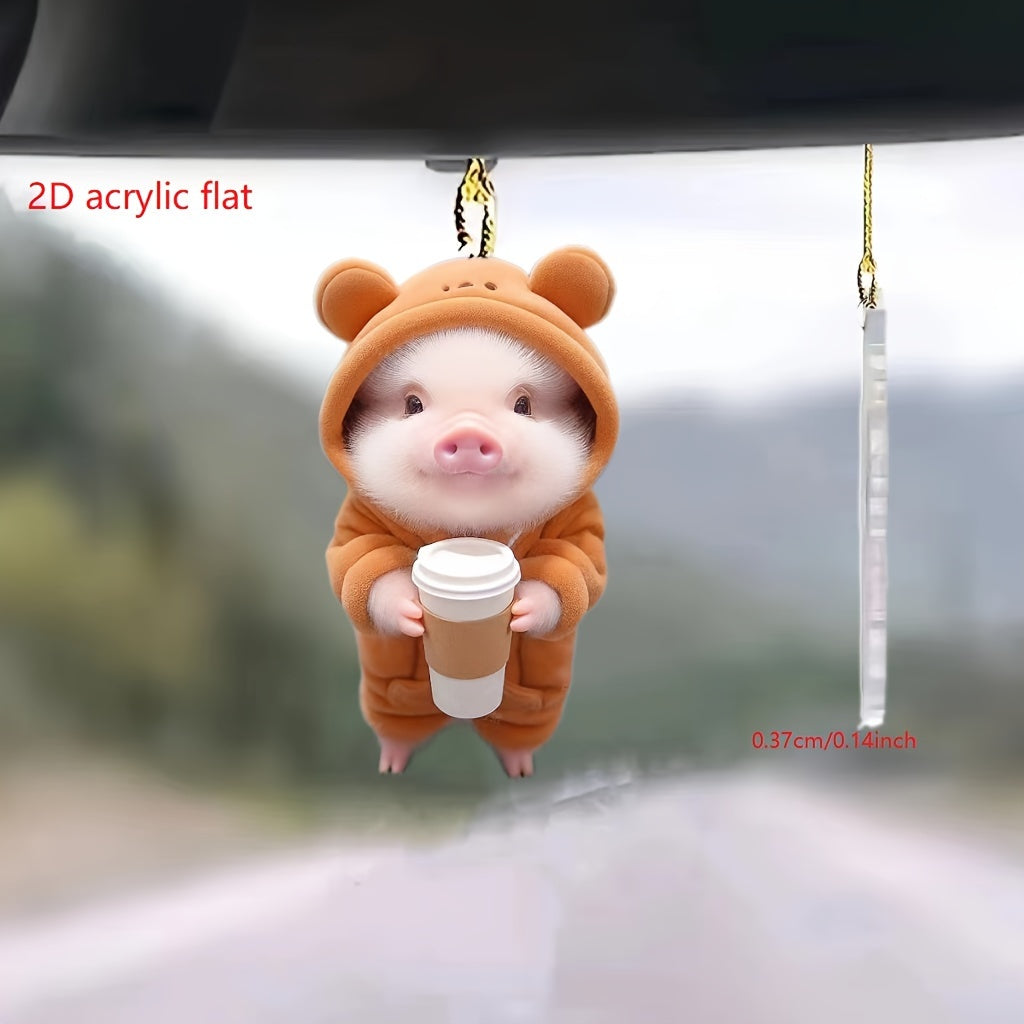 1pc 2D Acrylic Coffee Drinking Pig Car Rearview Mirror Decorative Pendant, Backpack Keychain Decorative Pendant, Home Decoration Products