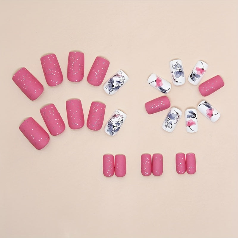 24pcs Matte Medium Square Fake Nails, Pinkish And White Press On Nails With Flower, Shiny Sequin Design, Sweet False Nails For Women Girls