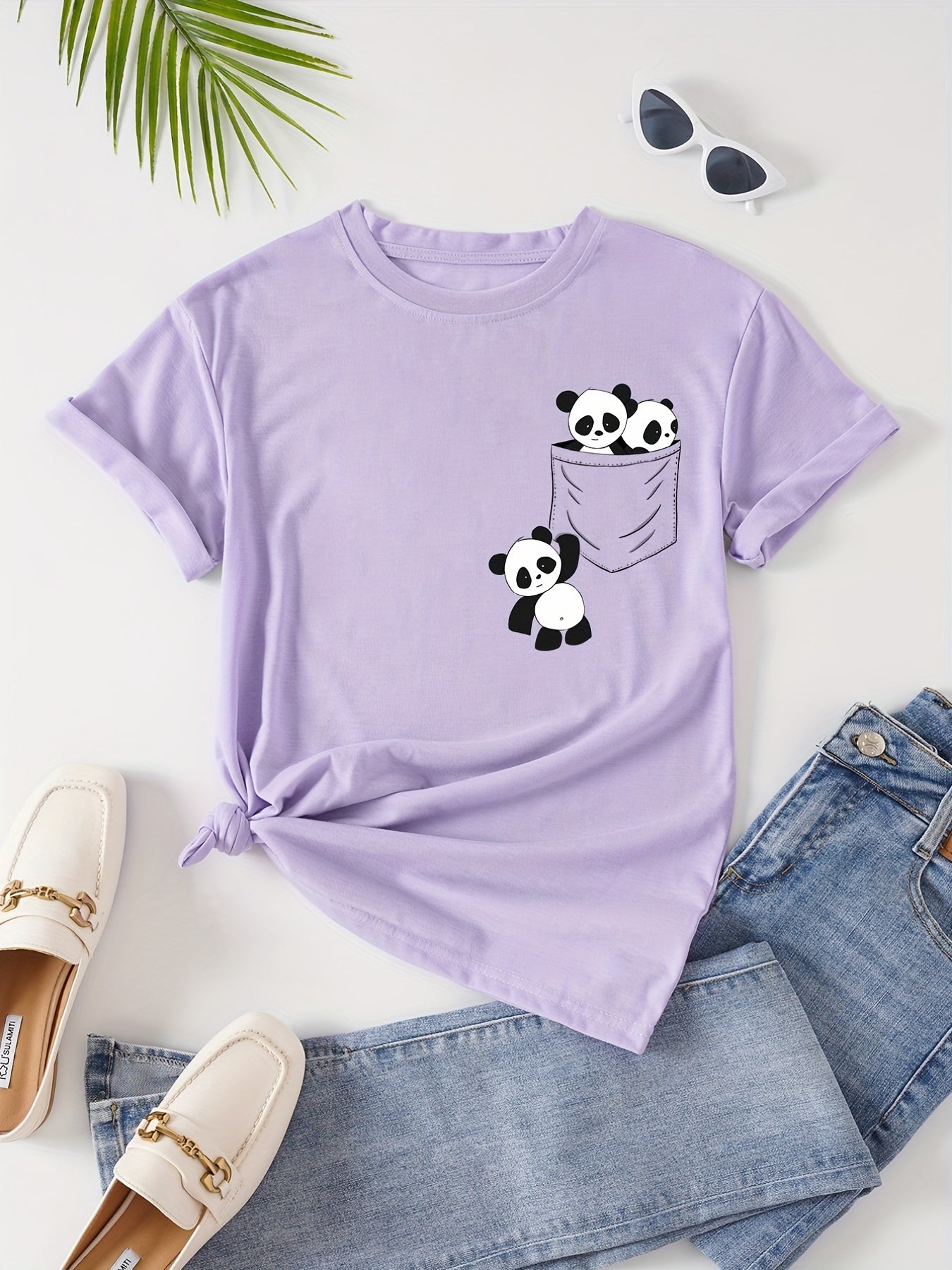 Panda Print Crew Neck T-Shirt, Casual Short Sleeve T-Shirt For Spring & Summer, Women's Clothing