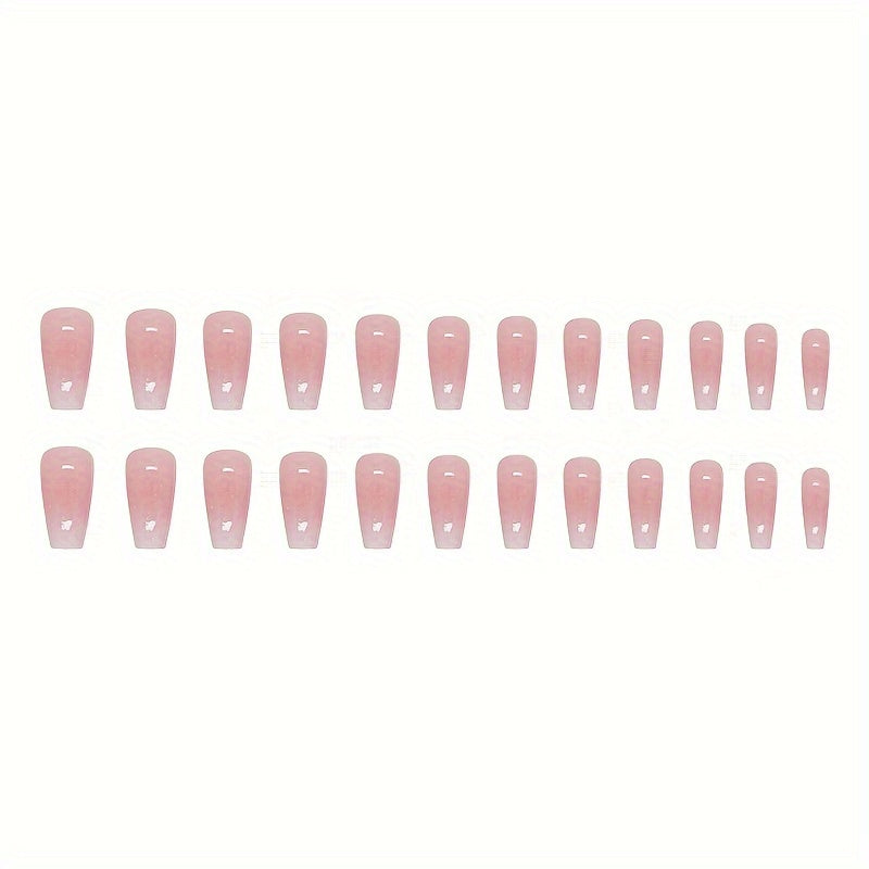 24Pcs Glossy Pinkish Press On Nails Long Square Fake Nails Elegant Style False Nails Glitter Solid Color Full Cover Fake Nails For Women Girls Daily Wear, 1sheet Jelly Glue And 1pc Nail File Included