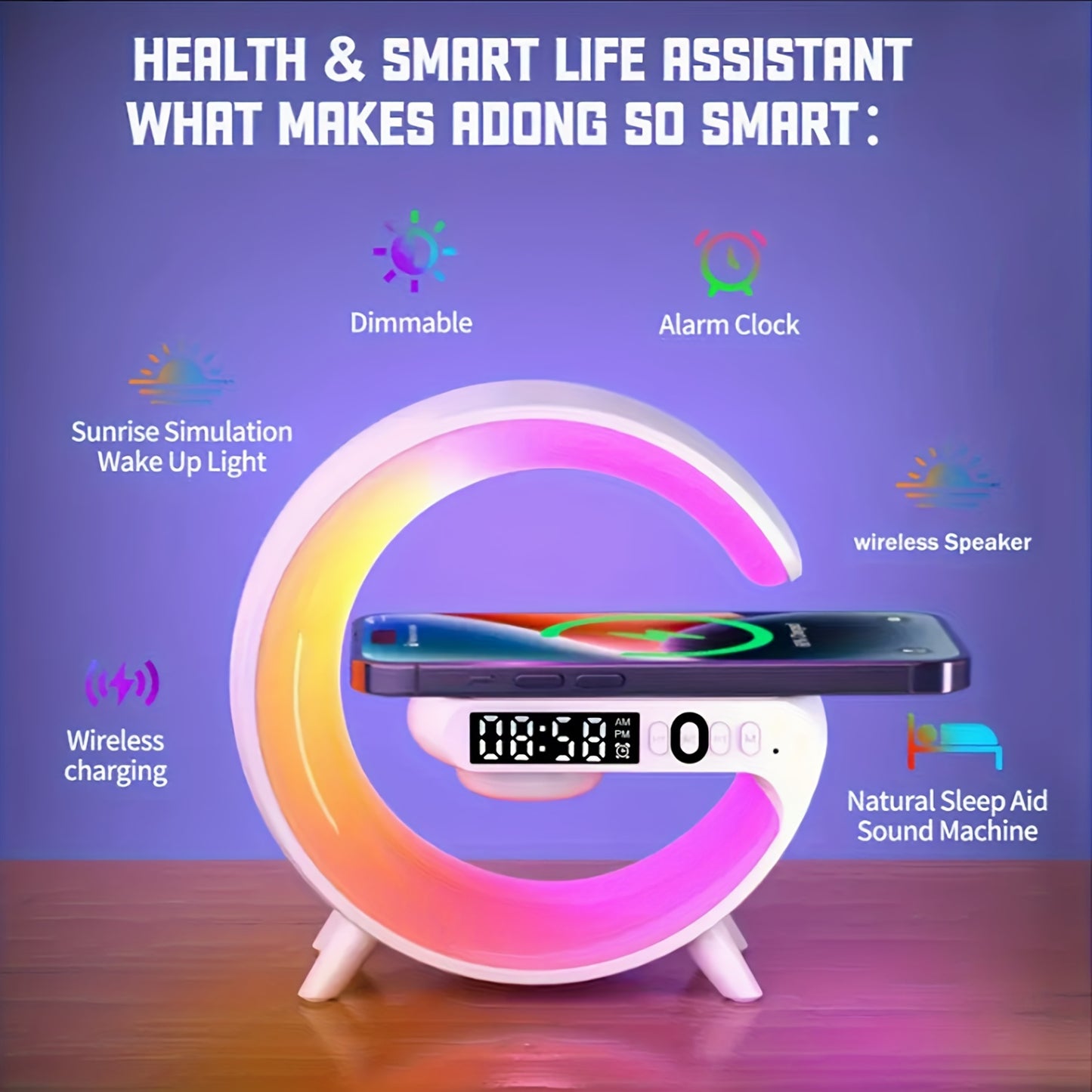 Wireless Speaker Rhythm RGB Light Bar Smart Light Sunrise Alarm Clock Wake Up Light Alarm For Bedroom Dimmable Table Lamp With Fast Wireless Charger Alarm For Heavy Sleeping Adults Bedroom, Dorm, Gift