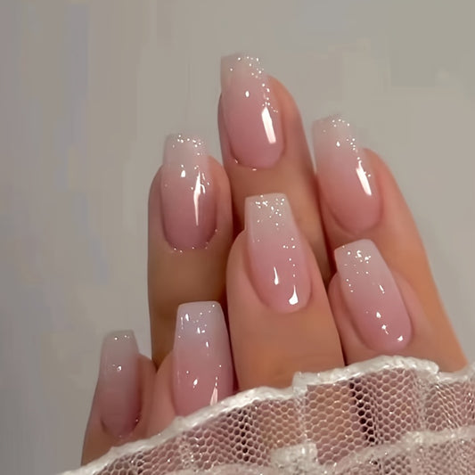 24Pcs Glossy Pinkish Press On Nails Long Square Fake Nails Elegant Style False Nails Glitter Solid Color Full Cover Fake Nails For Women Girls Daily Wear, 1sheet Jelly Glue And 1pc Nail File Included