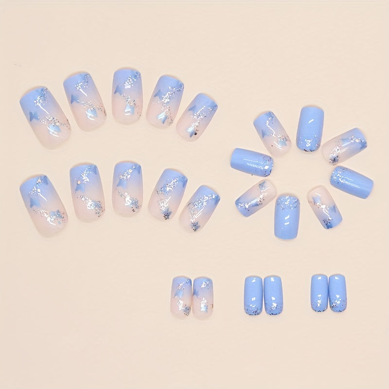 24pcs Blue Butterfly Press On Nails with Silver Glitter Design - Glossy Full Cover Medium Square False Nails for Women and Girls