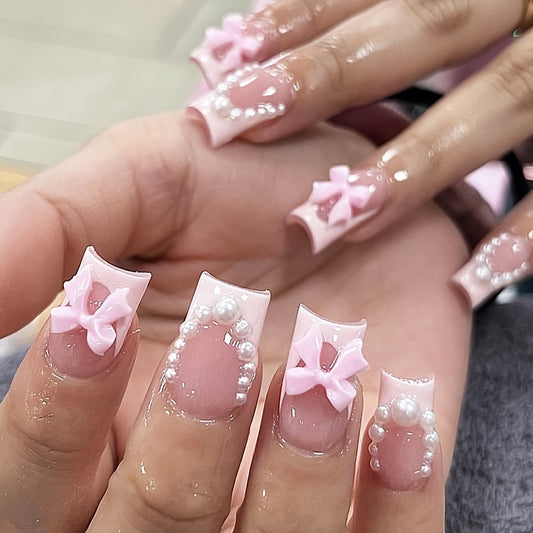 24pcs 3D Pinkish Bow Press On Nails Short Square Fake Nails White French Tip Ballerina Acrylic Nails With Pearl Design Glossy Glue On Nails For Women Girls, 1Jelly Glue And 1Nail File Included
