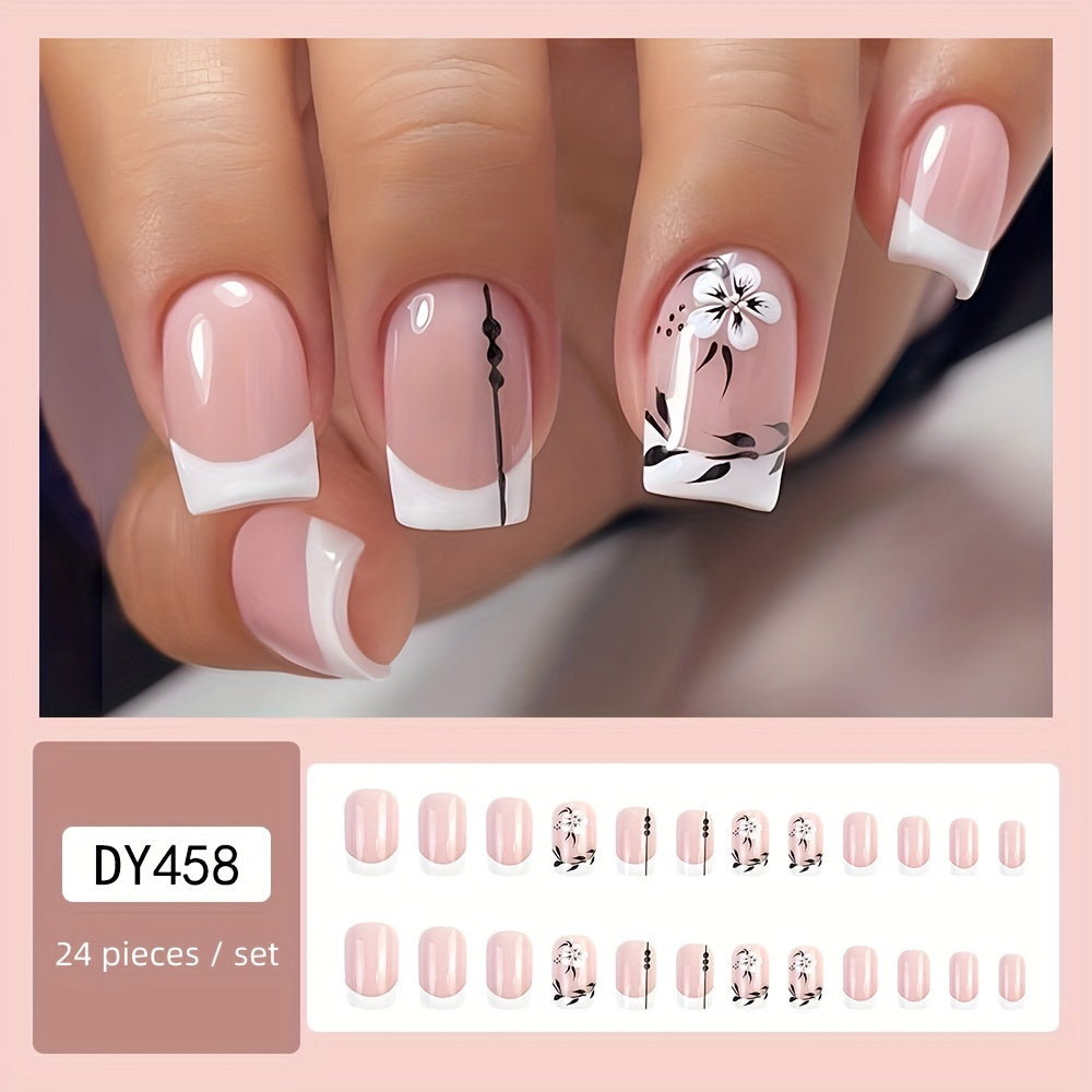 Y2K French Tip Press On Nails Short Square Fake Nails, Nude False Nails With Flower Design Glossy Stick On Nails For Women