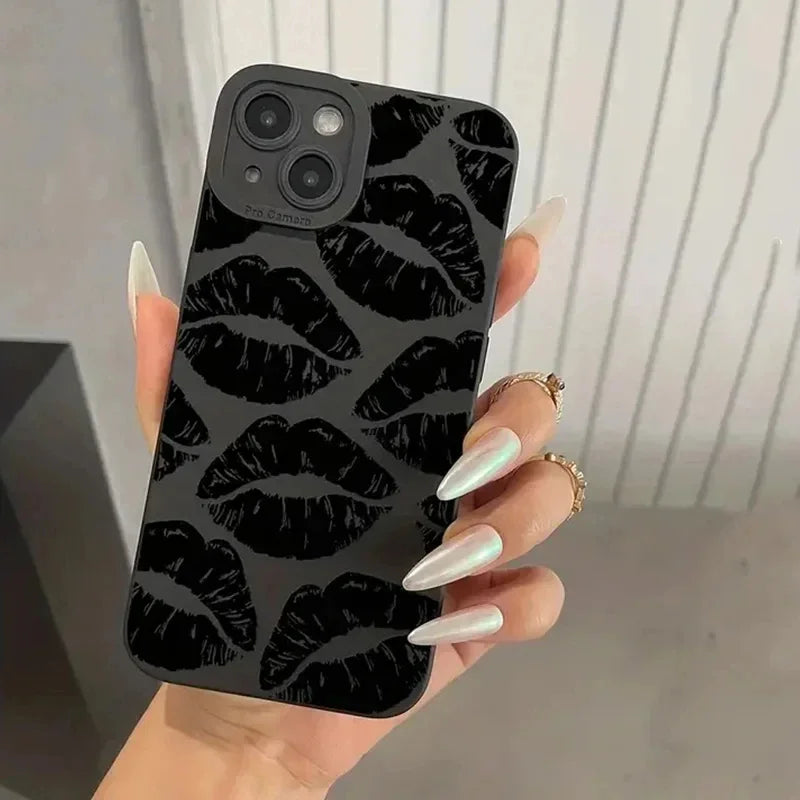 Black Lips Kiss Print Soft Silicone Phone Case for iPhone 14 Pro Max 15 13 12 11 Pro Max 7 8 14 15 Plus SE 2 X XS XR Matte Cover