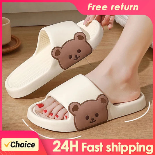 2024 Summer Women Slippers Beach Slides Cartoon Bear Flip Flops Men Shoes Thick Sole Home Bathroom Non-Slip Shoes Couple Sandals