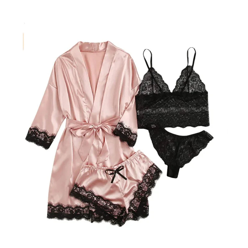 New Women's Pajamas Four-Piece Sexy Large Size Robe Halter Shorts Set Outside Home Wear Pajamas Set Sexy Lace Pajamas Robe