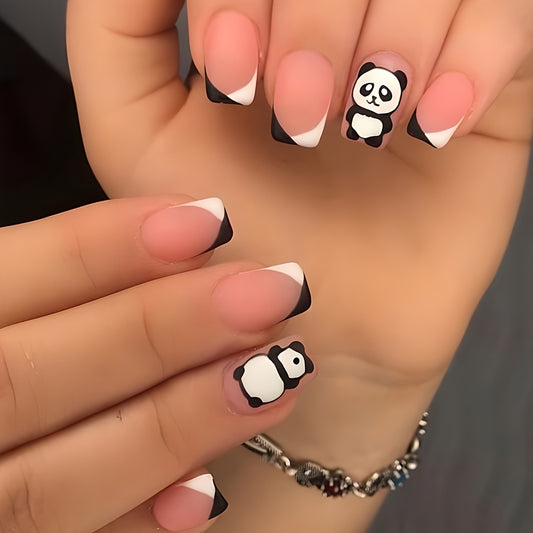 24 Pcs Matte Medium Square Press On Nails Pinkish And White French Style False Nails With Panda Pattern Reusable Fake Nails For Women