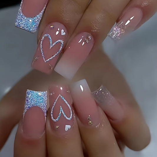 24pcs Glossy Medium Square Fake Nails, Pinkish White Gradient Press On Nails With Glitter Heart Design, Sweet Cool French False Nails For Women Girls