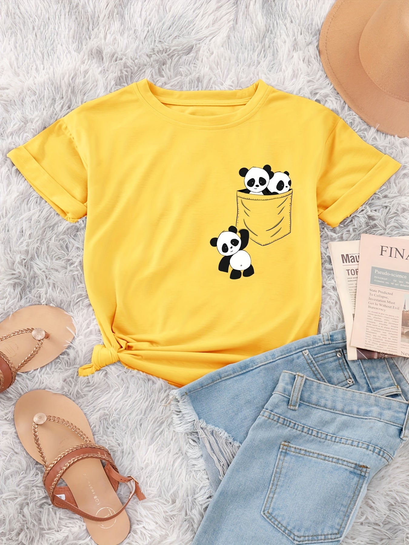 Panda Print Crew Neck T-Shirt, Casual Short Sleeve T-Shirt For Spring & Summer, Women's Clothing