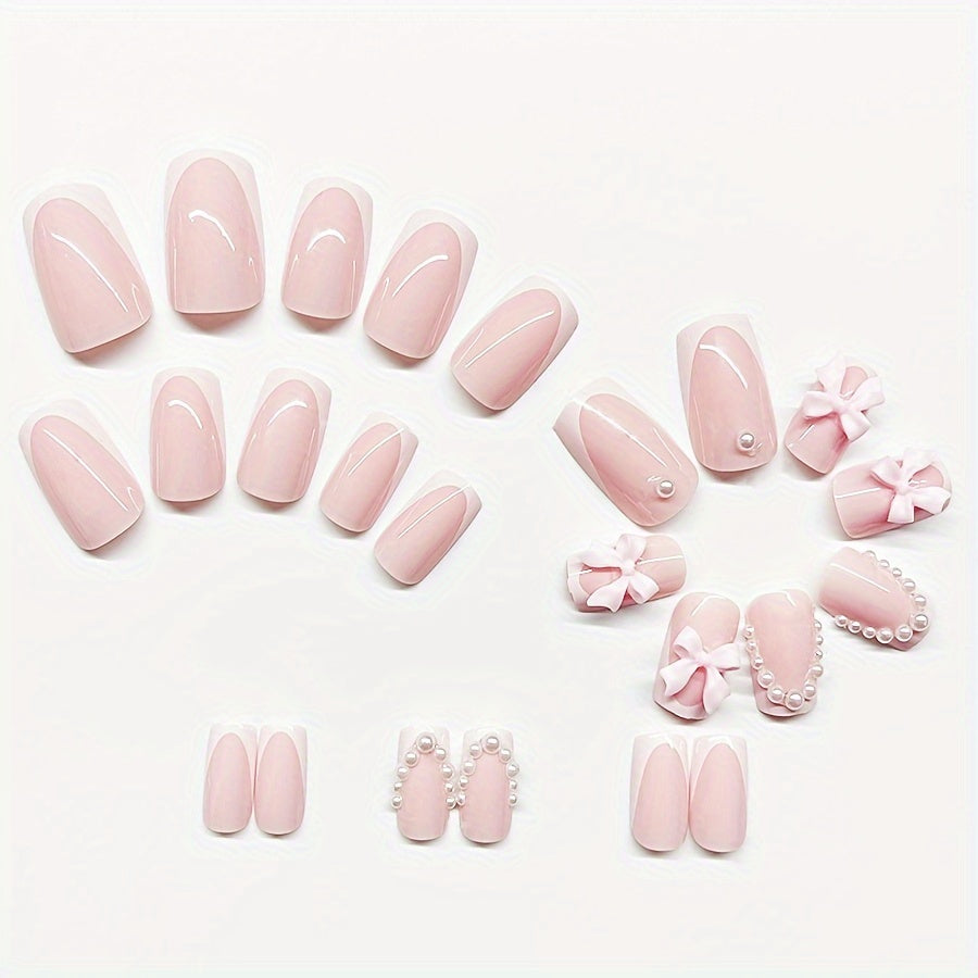 24pcs 3D Pinkish Bow Press On Nails Short Square Fake Nails White French Tip Ballerina Acrylic Nails With Pearl Design Glossy Glue On Nails For Women Girls, 1Jelly Glue And 1Nail File Included